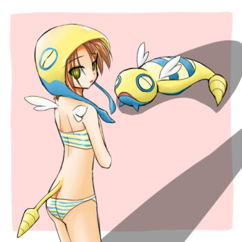 1girl ass bikini brown_hair butt_crack creature_and_personification dunsparce gen_2_pokemon hood lowres nintendo personification pink_background pokemon pokemon_(creature) shadow short_hair striped_bikini striped_clothes swimsuit tail tenjou_ryuka wings yellow_eyes