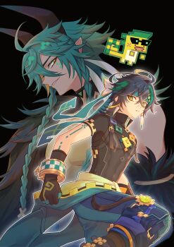 Rule 34 | 2boys, absurdres, ajaw (genshin impact), arm tattoo, black gloves, black hair, black shirt, dragon horns, earrings, facial mark, fur trim, genshin impact, gloves, green eyes, green hair, hair between eyes, headband, highres, horns, humanization, jewelry, kinich (genshin impact), liu (erzplubdduik93g), male focus, multicolored hair, multiple boys, shirt, short hair, short sleeves, smile, streaked hair, tattoo, two-tone gloves