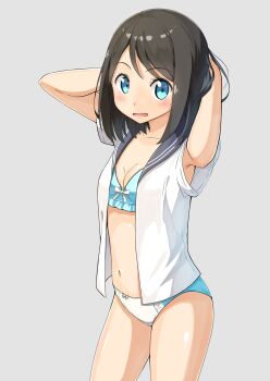 1girl absurdres armpits arms_behind_head black_hair blue_bra blue_eyes blue_panties blue_sailor_collar bow bow_bra bow_panties bra breasts cleavage cowboy_shot dot_nose frilled_bra frills grey_background highres looking_at_viewer navel negimiso1989 open_clothes open_mouth open_shirt original panties sailor_collar school_uniform serafuku shirt short_hair simple_background small_breasts solo standing underwear white_shirt