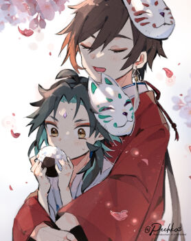 2boys brown_eyes brown_hair commentary_request eyelashes food forehead genshin_impact hug hug_from_behind long_sleeves male_focus mask mask_on_head multiple_boys onigiri open_mouth pechka petals ponytail twitter_username white_background xiao_(genshin_impact) yaoi zhongli_(genshin_impact)