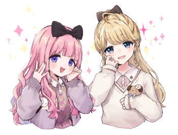 Rule 34 | 1st-mn, 2girls, :d, ahoge, black bow, blonde hair, blue eyes, blush, bow, brown dress, brown sweater, collared dress, commentary request, cropped torso, dress, grey jacket, hair bow, hand up, hands up, head tilt, highres, jacket, long hair, long sleeves, looking at viewer, multiple girls, nijisanji, open clothes, open jacket, open mouth, pink hair, plaid clothes, plaid dress, ponytail, purple eyes, simple background, sleeve cuffs, sleeves past wrists, smile, sparkle, suo sango, suo sango (4th costume), sweater, swept bangs, todo kohaku, todo kohaku (3rd costume), virtual youtuber, white background