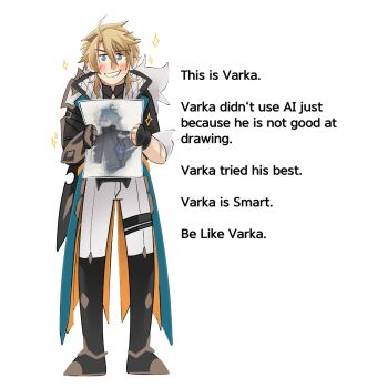 1boy ahoge ai-generated_art_(topic) black_gloves blonde_hair blue_eyes blush boots coat collared_coat commentary drawing_(object) english_commentary english_text facial_scar fingerless_gloves flins_(genshin_impact) full_body gauntlets genshin_impact gloves grey_background hair_between_eyes highres holding holding_drawing isamu_(isamue) legs_apart looking_at_viewer male_focus multiple_scars official_art_inset open_clothes open_coat pants parted_bangs scar scar_on_arm scar_on_cheek scar_on_face scar_on_neck simple_background single_fingerless_glove single_gauntlet single_glove smile solo sparkle standing straight-on varka_(genshin_impact)