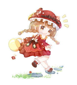 1girl :o absurdres back_bow bare_shoulders basket blunt_bangs bow braid brown_bow brown_eyes brown_hair brown_shoes chibi chinese_commentary clothing_cutout commentary_request dress flower food_print frilled_anklet frilled_headwear glimmering_forest_(infinity_nikki) grass hair_bow hat hat_bow hat_flower highres holding holding_basket infinity_nikki leg_up light_blush long_hair long_sleeves low_twin_braids marking_on_cheek mushroom mushroom_hat mushroom_hat_ornament mushroom_print neck_ruff nikki_(series) notice_lines open_mouth pink_flower print_bow puffy_long_sleeves puffy_sleeves red_dress red_hat red_socks rock shenqi_tuoxie_zai_nali shoes shoulder_cutout simple_background socks solo surprised twin_braids white_background yellow_bow