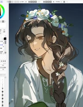 1girl art_program_in_frame blue_background brown_eyes brown_hair dress flower flower_wreath grin hair_between_eyes head_wreath highres jiao_qiang_bu_sha long_braid long_hair looking_at_viewer looking_to_the_side official_alternate_costume painttool_sai painttool_sai_(medium) reverse:1999 smile solo tooth_fairy_(fairies_dancing_at_dawn)_(reverse:1999) tooth_fairy_(reverse:1999) upper_body white_dress white_flower