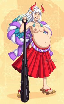 Rule 34 | 1girl, adricarra, blue hair, breasts, clothing cutout, club (weapon), earrings, female focus, full body, hip vent, horns, jewelry, large breasts, long hair, looking at viewer, misscherrylle, multicolored hair, navel, one piece, orange eyes, ponytail, pregnant, rope belt, sandals, solo, toes, topless female, two-tone hair, white hair, yamato (one piece)