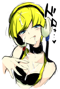 10s 1girl :q blonde_hair blue_eyes breasts cum cum_on_body cum_on_breasts cum_on_upper_body elesa_(pokemon) facial female_focus gym_leader headphones nakamura_sandayo nintendo pokemon pokemon_bw short_hair simple_background solo tongue tongue_out white_background