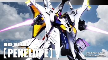 3d absurdres energy_sword blue_sky character_name cloud commentary_request earth_federation flying gundam gundam_hathaway&#039;s_flash highres inviter_oro machinery mecha mobile_suit no_humans penelope_(hathaway&#039;s_flash) realistic robot roundel science_fiction shield signature sky v-fin