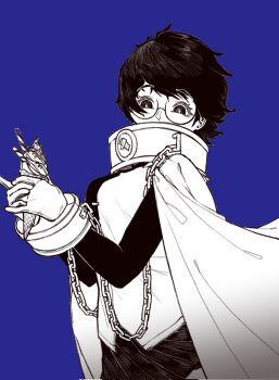 1girl black_necktie blue_background cape chain collar commentary_request covered_mouth cuffs cuffs-to-collar food glasses gloves greyscale_with_colored_background highres holding holding_food holding_ice_cream ice_cream ice_cream_cone korean_commentary limbus_company long_sleeves looking_at_viewer metal_collar miniskirt necktie pleated_skirt project_moon round_eyewear short_hair simple_background skirt solo sora_(project_moon) tie_clip upper_body very_onion white_cape white_gloves