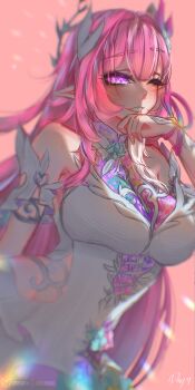 1girl absurdres artist_name bare_shoulders breasts commentary cyrene_(demiurge)_(honkai:_star_rail) cyrene_(honkai:_star_rail) diamond-shaped_pupils diamond_(shape) dress english_commentary hibahria highres honkai:_star_rail honkai_(series) large_breasts long_hair looking_at_viewer one_eye_closed pink_background pink_hair pointy_ears purple_eyes simple_background solo symbol-shaped_pupils very_long_hair white_dress
