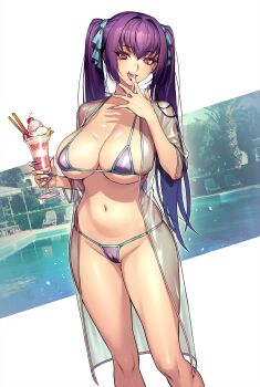 1girl bikini bra breasts cameltoe cleavage commentary cream_on_breasts cup fate/grand_order fate_(series) food hair_ribbon hand_up highres holding holding_cup ice_cream large_breasts licking licking_finger long_hair micro_bikini navel open_mouth panties parfait pool purple_bikini purple_hair purple_nails red_eyes ribbon rioliogiz robe scathach-skadi_(fate) scathach_(fate) see-through_clothes see-through_robe solo stomach swimsuit thighs tongue tongue_out twintails underwear untranslatable_commentary very_long_hair