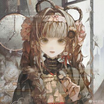 1girl analog_clock apple_earrings apron black_dress black_flower black_nails blunt_bangs bow-shaped_hair braid braided_hair_rings brown_hair building chinese_clothes clock closed_mouth cloud cloudy_sky commission daisy_(flower) day doll dress earrings expressionless eyelashes feathers flower food-themed_earrings food_themed_earrings frilled_dress frilled_hairband frills green_eyes hair_flower hair_intakes hair_ornament hair_ribbon hair_rings hairband highres holding holding_doll indoors jewelry lipstick long_hair long_sleeves looking_at_viewer low_twin_braids makeup mingqianming multiple_braids nail_polish original pink_flower pink_hairband plant red_lips red_ribbon ribbon ribbon-trimmed_apron ribbon_earrings ribbon_trim rose sample_watermark sky skyscraper solo sparkle straight-on striped_apron striped_clothes tassel tassel_earrings too_many_watermarks turtleneck turtleneck_dress twin_braids upper_body vertical-striped_apron vertical-striped_clothes very_long_hair vines watermark weibo_watermark white_apron white_flower white_rose window