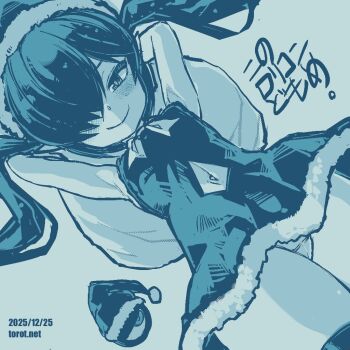 1girl armpits arms_up backbeako_(torotei) backbeard blue_background blue_theme blush bow bowtie breasts christmas closed_mouth clothing_cutout commentary cowboy_shot dated dated_commentary dress dutch_angle fur-trimmed_dress fur_trim gegege_no_kitarou hair_over_one_eye hat holding holding_sack kono_lolicon_domome loli long_hair looking_at_viewer monochrome navel navel_cutout original paid_reward_available panties pantyshot pointy_ears sack sack_behind_back santa_hat simple_background sleeveless sleeveless_dress small_breasts smile solo thighhighs torotei translated twintails underwear variant_set watermark web_address