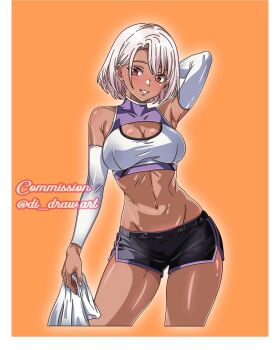 1girl arm_behind_head armpit_crease armpits breasts cleavage commentary commission contrapposto cowboy_shot crop_top dark-skinned_female dark_skin di_draw.art dolphin_shorts english_commentary gradient_hair grey_hair highres holding holding_towel instagram_username large_breasts lowleg lowleg_shorts multicolored_hair original red_eyes red_hair short_hair short_shorts shorts smile solo sports_bra towel watermark white_arm_warmers white_sports_bra