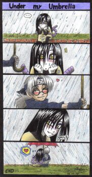 ... ^_^ bad_tag black_hair blush closed_eyes comic forehead_protector grey_hair hair_between_eyes hair_tied_back hands_on_own_face heart helmet highres layered_sleeves leaning_on_person long_sleeves master_and_pupil musical_note musical_note_print naruto_(series) naruto_shippuuden orochimaru_(naruto) outdoors pale_skin pelvic_curtain rain rope_belt round_eyewear sad short_over_long_sleeves short_sleeves slit_pupils speech_bubble spoken_ellipsis spoken_heart umbrella yakushi_kabuto yellow_eyes