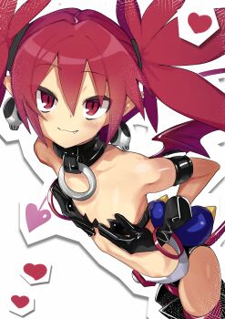 1girl absurdres bandeau bare_shoulders black_bandeau black_collar black_gloves blush closed_mouth collar commentary_request cowboy_shot demon_girl demon_tail demon_wings disgaea etna_(disgaea) fang fang_out flat_chest gloves heart highres jank365m looking_at_viewer red_eyes red_hair simple_background smile solo tail twintails variant_set white_background wings
