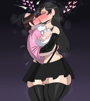 2girls absurdres age_difference black_hair blush breasts brown_hair clothes english_text female_focus final_fantasy french_kiss grabbing_another&#039;s_breast gradient_background groping hand_on_another&#039;s_head heart heart-shaped_pupils highres huge_breasts kiss loli long_hair looking_at_viewer marlene_wallace medium_hair multiple_girls old older_female_and_younger_female red_eyes size_difference speech_bubble square_enix symbol-shaped_pupils tayuri tifa_lockhart tongue tongue_out yuri