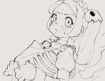 1girl apron bloody_marie_(skullgirls) brooch greyscale hair_ornament jewelry juliet_sleeves kida_eve long_hair long_sleeves maid monochrome puffy_sleeves ribs simple_background skeleton sketch skull_hair_ornament skullgirls twintails white_background zombie