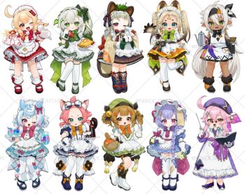 6+girls :d :q ;o ahoge alternate_costume alternate_hairstyle animal_ears apron basket bell black_headband black_shoes blonde_hair blue_dress blue_eyes blue_shoes blush book bottle bow bowtie braid brown_hair cat_ears cat_girl cat_tail closed_mouth commentary_request cup dark-skinned_female dark_skin diona_(genshin_impact) dori_(genshin_impact) dress duster enmaided flower food frilled_hairband frills genshin_impact glasses gloves gotoh_(nekocat) green_bow green_bowtie green_dress green_eyes green_hair green_hat green_shoes hair_bell hair_bow hair_ornament hairband hand_on_own_hip hat headband holding holding_basket holding_book holding_cup holding_duster holding_flower holding_pastry_bag holding_pointer holding_teapot holding_tray iansan_(genshin_impact) jingle_bell kachina_(genshin_impact) klee_(genshin_impact) leaf_hair_ornament leg_up long_hair maid maid_headdress melusine_(genshin_impact) multicolored_hair multiple_girls nahida_(genshin_impact) nori_(seaweed) omelet omurice one_eye_closed onigiri open_mouth orange_bow orange_dress orange_eyes pastry_bag pink_hair pointer pointy_ears purple_bow purple_dress purple_eyes purple_hair qingxin_flower qiqi_(genshin_impact) red-tinted_eyewear red_bow red_dress red_eyes red_shoes sayu_(genshin_impact) shoes side_ponytail sigewinne_(genshin_impact) smile streaked_hair tail teapot thighhighs tinted_eyewear tongue tongue_out tray twintails twitter_username very_long_hair watermark white_apron white_background white_bow white_flower white_gloves white_hair white_hairband white_shoes white_thighhighs wine_bottle yaoyao_(genshin_impact) yellow_eyes
