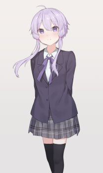 1girl ahoge arms_behind_back black_jacket black_thighhighs blush bow bowtie breasts buttons closed_mouth collared_shirt commentary double-parted_bangs eyes_visible_through_hair feet_out_of_frame grey_background grey_skirt hair_between_eyes hair_tie highres jacket kirima_(zs_at_) lapels legs_together long_sleeves looking_at_viewer miniskirt plaid_clothes plaid_skirt pleated_skirt purple_bow purple_bowtie purple_eyes purple_hair raised_eyebrows school_uniform shirt short_hair_with_long_locks simple_background skinny skirt small_breasts smile solo standing thighhighs vocaloid voiceroid white_shirt yuzuki_yukari zettai_ryouiki