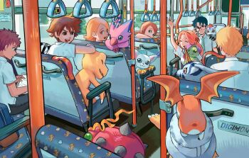 Rule 34 | absurdres, agumon, beak, blue eyes, blue fur, body fur, brown eyes, brown hair, bug, bus, calilo, cat, digimon, digimon (creature), digimon adventure 02, feathers, gabumon, gomamon, group picture, highres, ishida yamato, izumi koshiro, kido jo, lizard, motor vehicle, multiple boys, multiple girls, orange eyes, orange hair, orange scales, palmon, patamon, pink feathers, red eyes, tachikawa mimi, tailmon, takaishi takeru, tentomon, white fur, yagami hikari