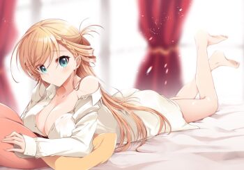 1girl araragi_ayune blonde_hair blue_eyes braid breasts cleavage collarbone collared_shirt commentary_request curtains feet full_body indoors isshiki-san_wa_koi_wo_shiritai. large_breasts looking_at_viewer lying naked_shirt off_shoulder on_bed on_stomach pillow rinna_milford shirt solo the_pose unbuttoned unbuttoned_shirt white_shirt window