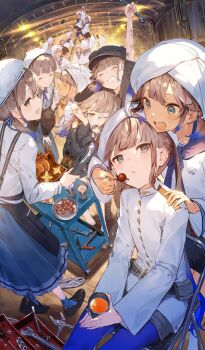 3girls 6+boys :t androgynous apron arm_above_head baker_nemo_(fate) beret black_apron black_hat black_shirt black_shoes black_shorts blue_bow blue_dress blue_eyes blue_hair blue_pantyhose blue_sailor_collar blue_skirt blue_socks blunt_bangs bow bread brown_hair buttons captain_nemo_(fate) captain_nemo_(first_ascension)_(fate) chef_hat clone closed_eyes closed_mouth commentary cup dark-skinned_male dark_skin dirty dirty_face dress drink engineer_nemo_(fate) fate/grand_order fate_(series) feeding fisheye food glasses gradient_hair hair_bow hair_ribbon hammer happy hat hat_feather holding holding_cup holding_tongs holding_utensil holding_wrench hotosoka jacket ladder long_hair long_sleeves low_twintails marine_nemo_(fate) military_uniform multicolored_hair multiple_boys multiple_girls multiple_persona naval_uniform nemo_(fate) nurse_cap nurse_nemo_(fate) official_art on_ladder one_eye_closed open_mouth pantyhose peaked_cap pinstripe_pattern pinstripe_shirt plate pliers professor_nemo_(fate) ribbon round_eyewear sailor_collar screwdriver serving_cart shirt shoes short_twintails shorts sidelocks skirt sleeves_past_fingers sleeves_past_wrists sleeves_rolled_up smile socks teeth third-party_source tongs toolbox turban twintails very_long_hair white_hat white_jacket white_shirt wrench