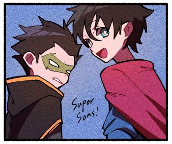 2boys :d black_cape black_hair blue_background blue_shirt border cape clenched_teeth damian_wayne dc_comics domino_mask eye_mask green_mask jonathan_kent long_hair long_sleeves looking_at_viewer mask multiple_boys nploser open_mouth red_cape robin_(dc) shirt simple_background smile super_sons superboy teeth white_border