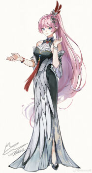 1girl absurdres bare_shoulders bead_bracelet beads black_dress black_shoes black_sleeves blue_eyes bracelet china_dress chinese_clothes chinese_commentary commentary_request dated detached_sleeves dragon_print dress eyelashes feather-trimmed_dress feather_hair_ornament feathers flower_knot frilled_dress frilled_sleeves frills full_body grey_ribbon hair_between_eyes hair_ornament hair_ribbon high_heels highres jewelry layered_dress layered_sleeves lipstick long_hair looking_at_viewer makeup megurine_luka memory_mie multiple_bracelets parted_lips pink_hair pink_lips ponytail ribbon shoes short_sleeves side_slit signature simple_background sleeveless sleeveless_dress smile solo standing tassel teeth two-tone_ribbon very_long_hair vocaloid watermark weibo_watermark white_background white_dress white_ribbon white_sleeves