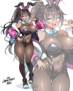 absurdres animal_ears artist_name black_hair black_pantyhose blue_bow blue_bowtie blue_hair bow bowtie breasts dark-skinned_female dark_skin detached_collar fake_animal_ears fake_tail fishnet_pantyhose fishnets full_body high_ponytail highleg highleg_leotard highres indie_virtual_youtuber jarckius large_breasts leotard long_hair looking_at_viewer multicolored_hair neon_harper neon_harper_(bunnysuit) open_mouth pantyhose ponytail purple_hair rabbit_ears rabbit_tail shoes sleeveless smile sneakers solo standing streaked_hair tail very_long_hair virtual_youtuber white_background