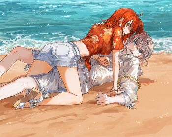 Rule 34 | 1boy, 1girl, ahoge, assertive female, beach, belt, between legs, blue eyes, blush, bracelet, caught, choroi amachori, clenched hand, commentary request, cropped shirt, crown, day, fate/grand order, fate (series), floral print, floral print shirt, front-tie top, fujimaru ritsuka (female), fujimaru ritsuka (female) (tropical summer), girl on top, grey hair, hair between eyes, hair ornament, hair scrunchie, hawaiian shirt, hetero, hibiscus print, highres, jacket, jewelry, kneeling, leg between thighs, looking at viewer, lying, medium hair, midriff, oberon (fate), oberon (refreshing summer prince) (fate), ocean, on back, one side up, open mouth, orange eyes, orange hair, orange scrunchie, orange shirt, outdoors, outstretched arm, sand, sandals, scrunchie, shirt, short shorts, short sleeves, shorts, sweat, teeth, three-quarter sleeves, tied shirt, unworn crown, upper teeth only, water, white belt, white jacket, white shorts, yukadon