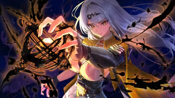 1girl absurdres black_gloves breasts cleavage commentary expressionless fingerless_gloves floating_hair ginlear gloves grey_hair hair_ornament hairclip highres jacket large_breasts long_hair looking_at_viewer powering_up single_hair_intake solo umbrakinesis upper_body yellow_eyes yellow_jacket yixuan_(zenless_zone_zero) zenless_zone_zero