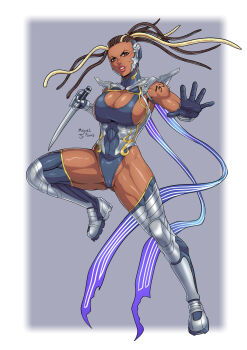 1girl arm_armor armor artist_name black_hair blonde_hair breasts brown_eyes cornrows dark-skinned_female dark_skin dreadlocks forehead full_body gauntlets gloves headgear highres holding holding_sword holding_weapon large_breasts master_raven miguel_rivas muscular muscular_female revealing_clothes shoulder_armor shoulder_tattoo simple_background solo sword tattoo teeth tekken thick_thighs thighs very_dark_skin weapon