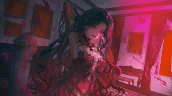 1girl absurdres arm_behind_head armpits asano_(kazusasn) black_hair blood blood_splatter breasts curtains dress highres long_hair mole mole_on_breast nijisanji nijisanji_en parted_lips picture_frame red_dress red_eyes scarle_yonaguni scarle_yonaguni_(enchantress) solo virtual_youtuber