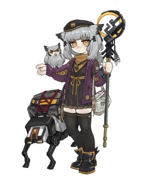 1girl animal_on_arm arknights bag bird black_dress black_hat black_thighhighs blush bright_pupils cardigan clock_necklace commentary_request dress feather_hair grey_hair hair_ornament hat highres holding holding_staff long_hair long_sleeves looking_at_viewer official_alternate_costume orange_eyes orange_sweater owl owl_ears owl_girl ptilopsis_(arknights) ptilopsis_(serenity)_(arknights) purple_cardigan solo staff sweater thighhighs turtleneck turtleneck_sweater white_pupils xingyun_mantle zettai_ryouiki