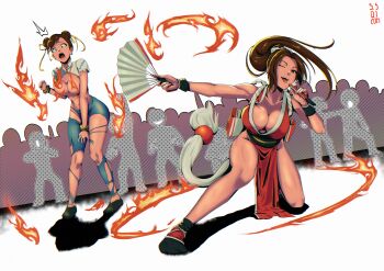 2girls absurdres breasts brown_eyes brown_hair burning burning_clothes capcom chun-li cleavage commentary convenient_censoring double_bun dress fatal_fury fire folding_fan hair_bun hair_ribbon hand_fan highres holding holding_fan japanese_clothes large_breasts multiple_girls on_one_knee one_eye_closed open_mouth pants ponytail ribbon santiagodraws shadow shiranui_mai smile street_fighter street_fighter_6 surprised tongue tongue_out torn_clothes torn_dress torn_pants wristband