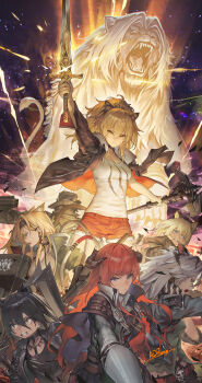 1other 6+girls adpong animal_ears arknights artist_name bagpipe_(arknights) black_hair black_hairband blonde_hair blue_eyes cat_ears cat_girl clenched_teeth commentary_request curled_horns dagda_(arknights) extra_ears gawain_(arknights) grey_eyes grey_hair hairband highres holding holding_sword holding_weapon horn_(arknights) horns indra_(arknights) leopard_ears leopard_girl lion lion_ears lion_girl lion_tail morgan_(arknights) multiple_girls red_hair red_shorts shield shorts siege_(arknights) signature sword tail teeth tiger_ears tiger_girl trilby_asher_(arknights) weapon wolf_ears wolf_girl yellow_eyes