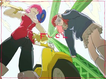 Rule 34 | bridge, camera, electric guitar, flcl, guitar, haruhara haruko, highres, holding, holding camera, holding guitar, holding instrument, instrument, looking at viewer, looking down, motor vehicle, pink punk ponk, samejima mamimi, scooter, vespa