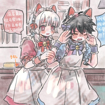 2boys akinashi_haru apron arm_behind_back bell black_hair blue_bow blue_bowtie blue_dress blush bow bowtie cat_boy chinese_text crossdressing crossdressing_(mtf) dress frilled_wrist_cuffs frills hair_bow hands_up jingle_bell looking_at_another maid male_maid matching_outfits multiple_boys neck_bell pink_dress red_bow red_bowtie saihate_eki short_hair tatsunami_shion translation_request white_apron white_hair wrist_cuffs yingtao_zi_liaoli