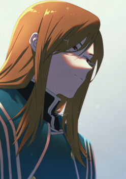 1boy blue_jacket brown_hair closed_mouth glasses gradient_background hair_between_eyes hashtag-only_commentary high_collar highres jacket jade_curtiss long_hair male_focus mifuta red_eyes sidelocks signature solo tales_of_(series) tales_of_the_abyss upper_body