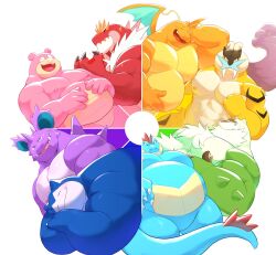 Rule 34 | 6+boys, abs, bara, belly, blush, chesnaught, claws, clenched hand, closed eyes, closed mouth, color wheel challenge, commentary, creatures (company), crocodilian tail, dogoronumber3, dragon wings, dragonite, english commentary, facing viewer, fangs, fangs out, fat, feraligatr, furry, furry male, game freak, gen 1 pokemon, gen 2 pokemon, gen 6 pokemon, hand on own stomach, hands on own stomach, highres, horns, legendary pokemon, looking at viewer, male focus, multiple boys, multiple drawing challenge, muscular, muscular male, nidoking, nintendo, nipples, open mouth, pectorals, pokemon, pokemon (creature), profile, raikou, slowpoke, smile, snorlax, tail, tyrantrum, white background, wings