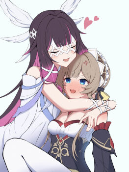 2girls absurdres anger_vein black_hair blue_eyes blush breasts brown_hair cleavage closed_eyes columbina_(genshin_impact) commentary_request detached_sleeves dress feathered_wings frilled_dress frills genshin_impact head_wings highres hug long_hair long_sleeves looking_at_another medium_breasts multiple_girls multiple_wings open_mouth pantyhose pink_hair ribbon sandrone_(genshin_impact) sasa_mi_(user_xrsf5585) sidelocks smile strapless strapless_dress very_long_hair white_pantyhose wings wrist_ribbon yuri