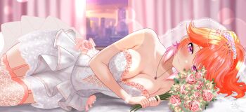 1girl absurdres blush bouquet breasts cleavage closed_mouth commentary dfswift dress english_commentary flower garter_straps highres holding holding_bouquet hololive hololive_english jewelry long_hair looking_at_viewer lying medium_breasts on_side orange_hair pendant pink_flower purple_eyes signature smile solo strapless strapless_dress takanashi_kiara thighhighs virtual_youtuber white_dress