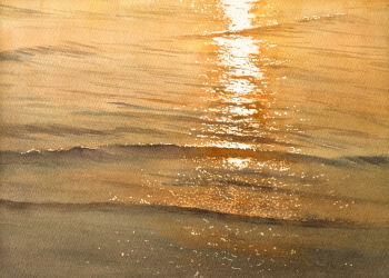 beach commentary_request evening highres kazuyuki_hashimoto landscape no_humans ocean original painting_(medium) reflection reflective_surface reflective_liquid sand shadow shore still_life sunlight sunset traditional_media water watercolor_(medium)