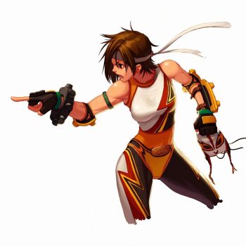 00s bandana brown_hair dnf dungeon dungeon_and_fighter elbow_pads fighter fingerless_gloves gauntlets gloves grappler_(dungeon_and_fighter) leotard mask no_mask pointing reveal short_hair unitard wrestler wrestling_mask