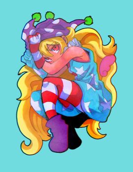 1girl absurdres american_flag american_flag_dress american_flag_legwear american_flag_print aqua_background arms_up blonde_hair clownpiece commentary_request dot_nose dress flag_print gloves hair_between_eyes hat highres inuyama_konan jester_cap knees_up long_hair neck_ruff pantyhose purple_hat purple_shoes red_eyes shoes simple_background sleeveless sleeveless_dress solo touhou very_long_hair