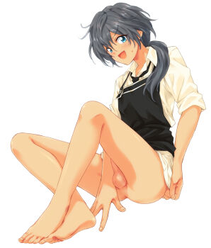 1boy bare_legs barefoot blue_eyes bottomless collared_shirt ensemble_stars! feet full_body grey_hair hair_between_eyes koriina male_focus necktie open_mouth ponytail shiina_niki shirt sleeves_rolled_up solo sweatdrop testicles white_background