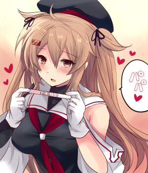 1girl asymmetrical_clothes black_ribbon black_serafuku black_shirt breasts brown_eyes brown_hair commentary_request gloves hair_flaps heart heterochromia highres hirune_(konekonelkk) holding holding_pregnancy_test implied_pregnancy kantai_collection large_breasts long_hair murasame_(kancolle) murasame_kai_ni_(kancolle) neckerchief pregnancy_test red_eyes red_neckerchief revision ribbon sailor_collar school_uniform serafuku shirt solo speech_bubble two_side_up upper_body white_gloves white_sailor_collar