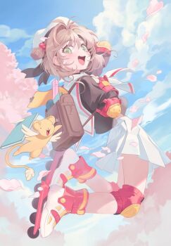 1girl :d antenna_hair backpack bag beret black_ribbon black_shirt blue_sky brown_bag brown_hair cardcaptor_sakura cherry_blossoms child coloringday commentary elbow_pads falling_petals fingerless_gloves full_body gloves green_eyes hair_bobbles hair_intakes hair_ornament hat hat_ribbon kero_(cardcaptor_sakura) kinomoto_sakura knee_pads looking_at_viewer medium_hair midair neckerchief open_mouth petals pink_gloves pleated_skirt randoseru ribbon roller_skates sailor_collar school_uniform shirt skates skirt sky smile solo symbol-only_commentary teeth tomoeda_elementary_school_uniform two_side_up upper_teeth_only white_hat white_neckerchief white_sailor_collar white_skirt