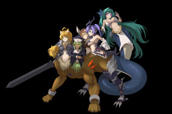 5girls :&lt; absurdres ahoge animal_ear_fluff animal_ears aqua_hair armor bare_shoulders belly_chain beret bikini bikini_top_only black_background black_bikini black_hat black_robe blonde_hair blue_eyes bracelet breasts brown_hat brown_shirt centauroid chimera chinese_commentary cleavage closed_mouth collarbone commentary_request conjoined crop_top cross dark-skinned_female dark_skin detached_sleeves dragon_girl dragon_horns fang finger_to_mouth fins fretyn fusion gauntlets goat_girl goat_horns green_eyes green_hair grey_armor grin groin hair_between_eyes hair_intakes hand_on_own_hip hand_up hat hat_feather head_fins highres holding holding_sword holding_weapon horizontal_pupils horns jewelry lamia large_breasts lion_ears lion_girl long_hair long_sleeves looking_at_viewer monster_girl multiple_girls navel neck_ruff nun one_eye_closed original parted_lips ponytail profile puffy_long_sleeves puffy_sleeves purple_eyes purple_hair red_eyes robe scales shirt shushing sidelocks single_gauntlet skin_fang skirt slit_pupils smile standing stomach swimsuit sword tachi-e taur teeth very_long_hair weapon white_bikini white_skirt white_sleeves yellow_eyes