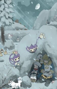 1boy 1girl aipom akari_(pokemon) alolan_form alolan_vulpix berry_(pokemon) black_boots black_hair blonde_hair boots closed_eyes closed_mouth commentary_request dusknoir duskull galaxy_expedition_team_survey_corps_uniform gen_2_pokemon gen_3_pokemon gen_4_pokemon gen_5_pokemon gen_7_pokemon ginkgo_guild_uniform hair_over_one_eye hat headscarf highres hisuian_zorua holding jar moon night nintendo one_eye_closed open_mouth oshawott outdoors piloswine pokemon pokemon_(creature) pokemon_legends:_arceus red_scarf scarf shuan_420 sitting snorunt snow snowing swinub tree volo_(pokemon)